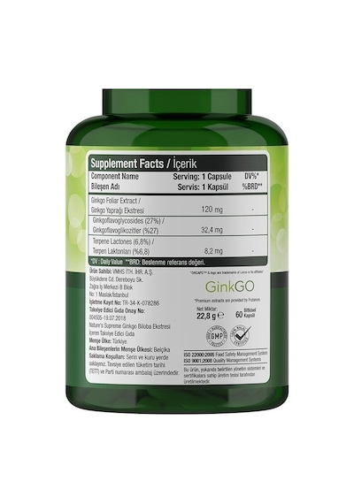 Natures Supreme Ginkgo Biloba 120 Mg 60 Kapsül Aromasiz