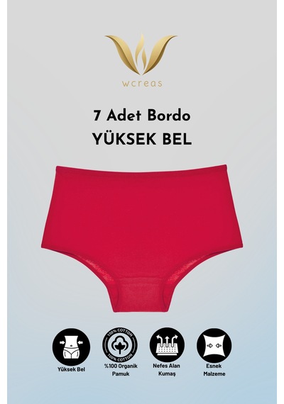 Wcreas Yüksek Bel Pamuklu Kadın Külot, 7'li Paket Pamuklu Yumuşak Kumaş Kadın Külot Bordo