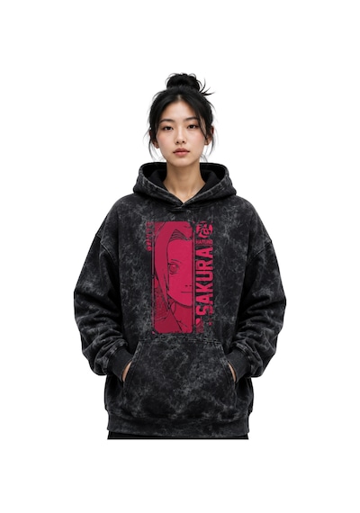 Sevbano Sakura Haruno Naruto Anime Baskılı Unisex Oversize Yıkamalı Premi Siyah