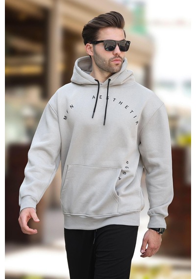 Madmext Boyalı Gri Kapüşonlu Cep Detaylı Nakışlı Erkek Sweatshirt 7054-boyalı Gri Boyalı Gri