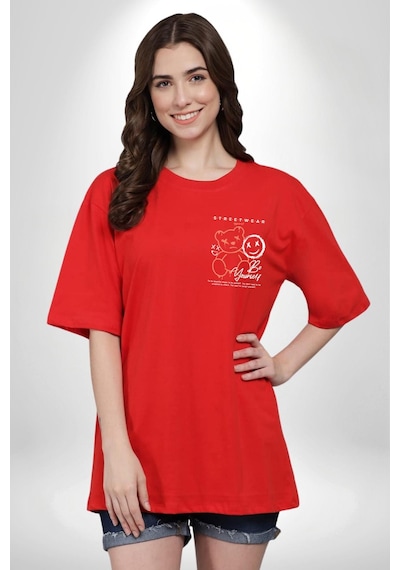 Üzüntü Üzülme Kırmızı Oversize Unisex Ön Ve Sırt Baskılı Tişört Kırmızı