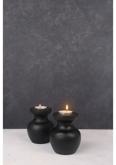 2 Li Siyah Büyük Nar Model Tealight Ahşap Şamdan Seti Dekoratif