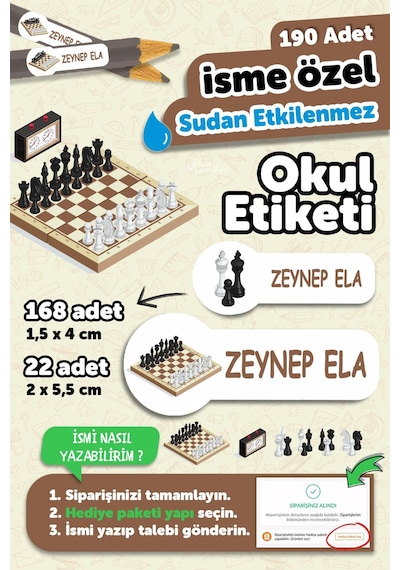 Okul Etiketi Kalem Defter İsimli Etiket Isim Yazılabilen Satranç - 190 Adet Özel Yeni Tasarım Beyaz