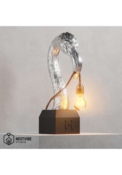 Flamingo Başlı Tasarımlı Şık Masa Lambası Nestvibe Studio Özel Seri Gümüş