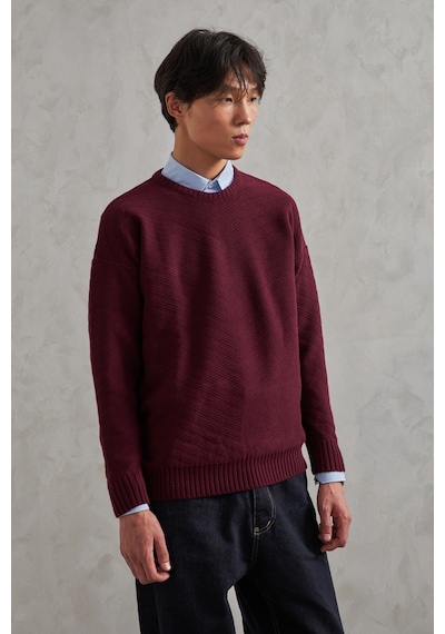 Erkek Bisiklet Yaka Oversize Ters Örgü Desen Kazak Bordo