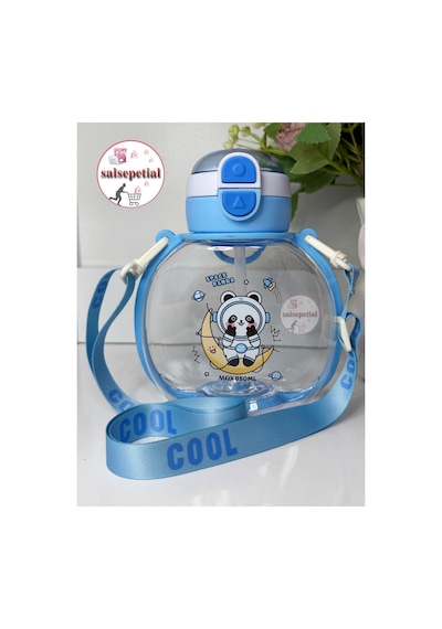 Panda Su Matarası Pandalı Suluk Figürlü Su Şişesi Panda Matara Askılı Pipetli Matara 850ml Mavi