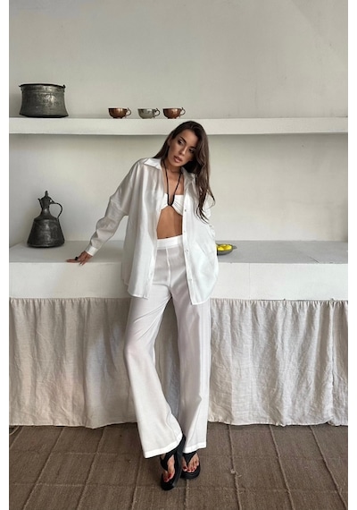 Defymoda Gömlek - Pantolon Takım - Beyaz Beyaz
