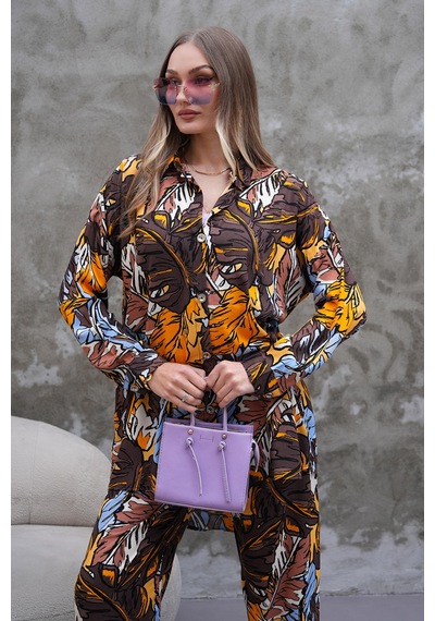 Polologin Butik Kahverengi Turuncu Mavi Yaprak Desenli Takım Kahverengi