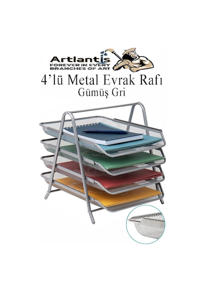 Evrak Rafı Metal 4 Lü 1 Paket Masa Üstü A4 Dosya Düzenleyici Kağıt Tepsisi Metal Fileli Dört Katlı Hareketli Perfore Gri