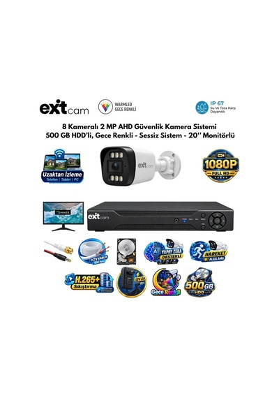 8 Kameralı 2 Mp Ahd Güvenlik Kamera Sistemi 500gb Hdd'li, Gece Renkli - Sessiz Sistem - 20 İnç Monit