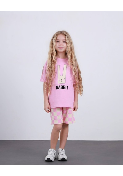 Miniko Kids Kız Çocuk Rabit Tavşan Modelli Pamul Şortlu Takım Pembe