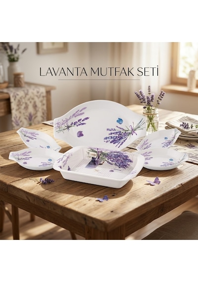 Noble Life Lavanta Desenli Porselen 6 Parça Mutfak Ve Sunum Seti Beyaz