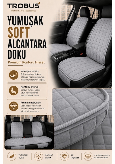 Opel Astra 2000-2004 Üniversal Soft Alkantra Kare Desen 7 Parça Oto Koltuk Minderi Gri