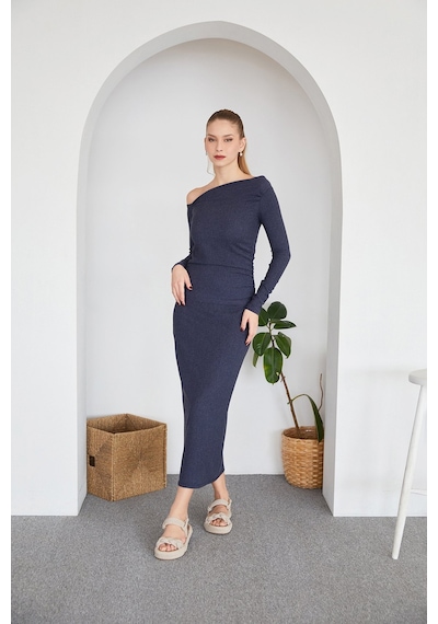 Fullamoda Bürümcük Kumaş Drapeli Kayık Yaka Bluz 25ygb650128140-indigo Indigo