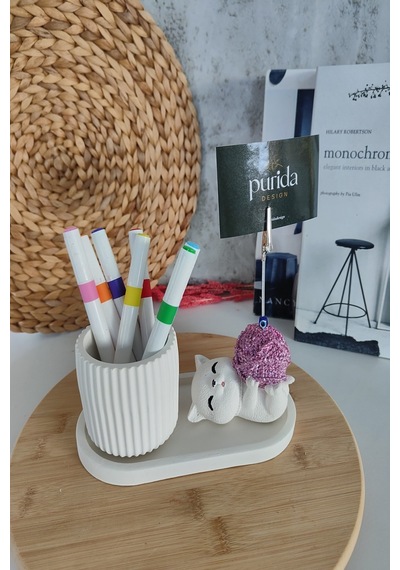 Purida Design Dekoratif Sevimli Kedi Kalemlik Ve Notluk Seti Mor