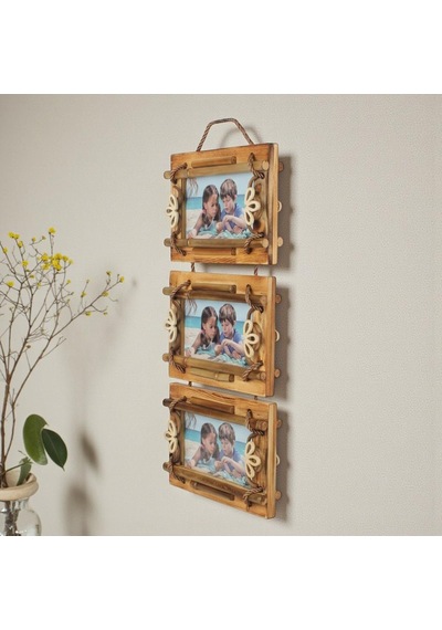 El Yapımı Doğal Ahşap 3 Lü Bambu Bamboo Fotoğraf Çerçevesi Dekoratif Ev Ofis Hediyesi Duvar Süsü - 4