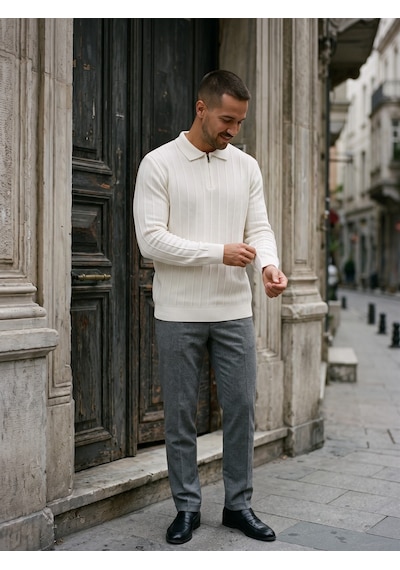 Maccali Erkek Beyaz Fitil Detaylı Fermuarlı Polo Yaka Triko Sweatshirt