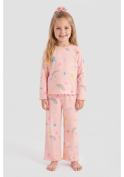 Zuzunga Kız Çocuk Gökkuşağı Desenli Beybi Overlok Somon Pijama Takımı Toka Hediyeli
