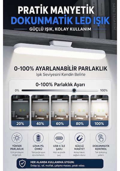 3 Modlu Şarjlı Manyetik Tezgah Altı Lamba Aplik Parlaklık Işık Rengi Ayarlanabilir 28 Cm 1613 Beyaz
