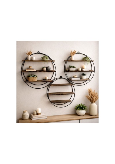 Luxury Wood 3 Katlı Metal Ahşap Çok Amaçlı Dekoratif Duvar Rafı 56x12cm Kahverengi