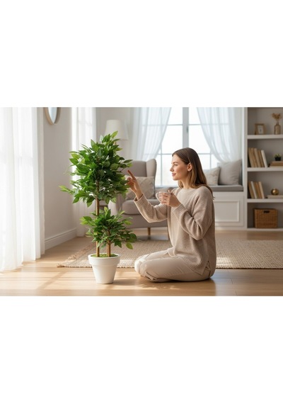 Yapay Çiçek Beyaz Saksıda Benjamin Salon Balkon Ev Ağacı Yeşil Bitkisi Bambu Gövdeli Dolgun Yeşil