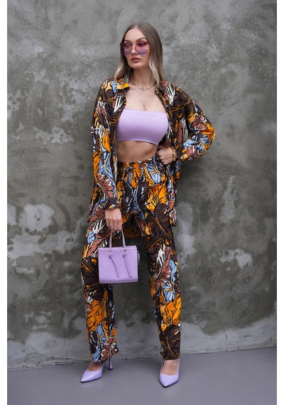 Polologin Butik Kahverengi Turuncu Mavi Yaprak Desenli Takım Kahverengi