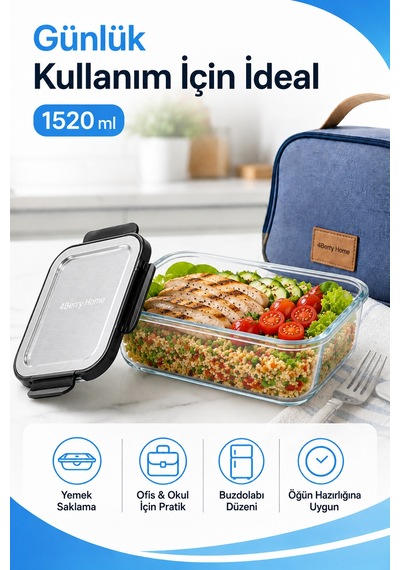 1520 Ml Kilitli Cam Saklama Kabı İnoks Kapaklı Yemek Ve Kahvaltılık Kabı Şeffaf