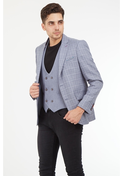 Sposo 5140 Yelekli Dar Kalıp Gri Ekose Erkek Blazer Ceket Gri