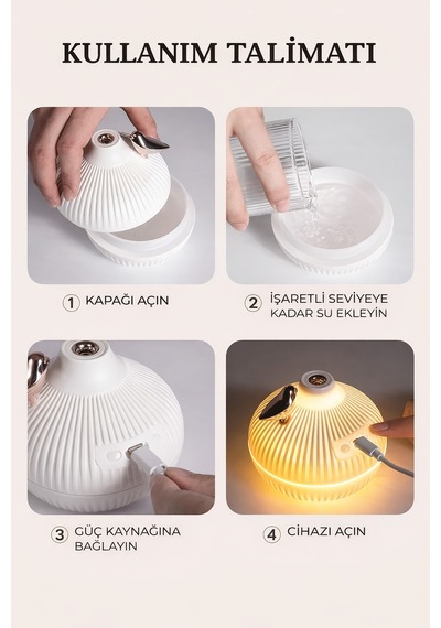 Exenar - Beyaz - Mini Hava Nemlendirici Buhar Makinesi Led Işık Tasarımlı Difüzör Gece Lambası Humidifier 300ml