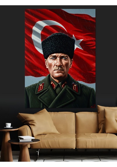 Türk Bayraklı Atatürk Portresi Dekoratif Kanvas - Mdf Ahşap Tablo