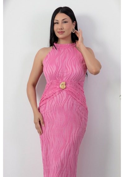 Kalopya Halter Yaka Beli Tokalı Bağlamalı Elbise Grs4023 Pembe