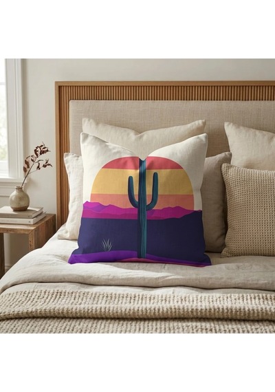 Turkıshrug Kıngdom Gün Batımı & Kaktüs Desenli 4 Lü Çift Taraflı 43x43 Cm Baskı Kırlent Kılıfı Seti 43 X 43 Çok Renkli