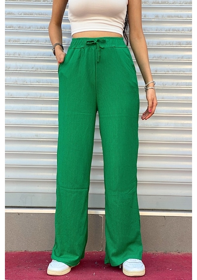 Trend Alisse Beli Lastikli Cepli Bol Paça Kadın Pantolon Yeşil