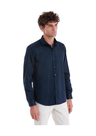 Hatemoğlu Lacivert Slim Fit Düz 100% Pamuk Açık İtalyan Yaka Uzun Kollu Saten Gömlek 24d190000045 005 Lacivert