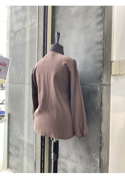 Pera Moda Büyük Beden Önü Fırfırlı Modal Bluz Gömlek Kahve
