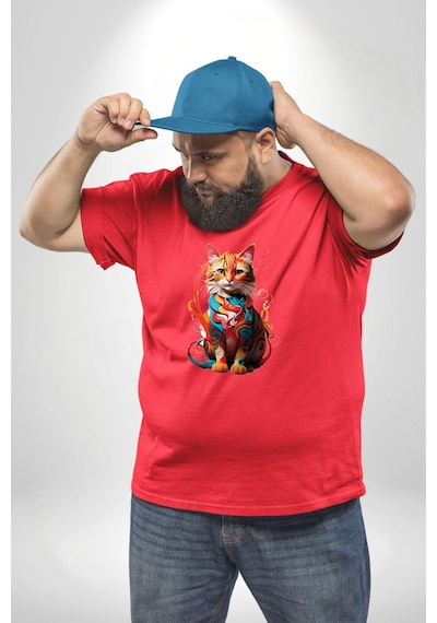Angemiel Renkli Yağlı Boya Kedi Kırmızı Büyük Beden Erkek Kadın Unisex Basic Ön Baskılı Tişört Kırmızı