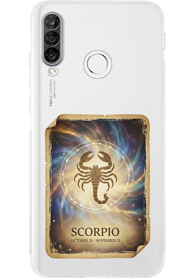 Huawei P30 Lite İle Uyumlu Burç Kartları Akrep Tasarımlı Şeffaf Silikon Kılıf Şeffaf