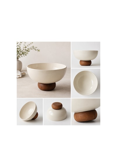 Ayaklı Seramik Salata Kasesi 19 Cm Ahşap Tabanlı Meyvelik Ve Servis - Sunum Kasesi Krem - 890571069