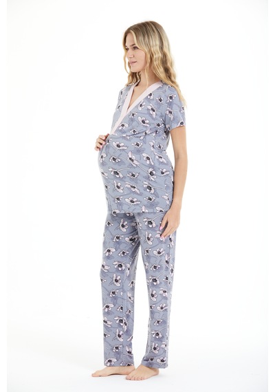 Lılac Kadın %95 Viskon Çiçek Desenli Hamile & Lohusa Düğmeli Pijama Takımı Antrasit Gri