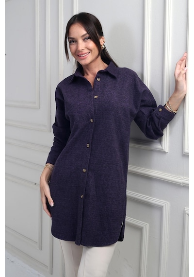 By Saygı Kadın Yanları Yırtmaçlı Kırçıllı Tunik Gömlek-42175 Mor