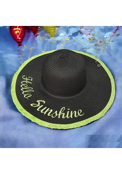 Kadın Hasır Plaj Şapkası Natural Black Sute Bucket Hat Plaj Havuz Siyah