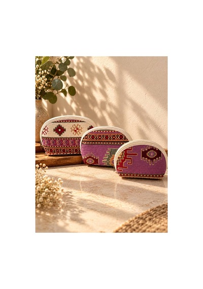 Badufa Home Etnik Kilim Desenli Fermuarlı El Askılı Makyaj Ve Organizer Çantası-3farklı Boy Bej-pembe Bej-pembe