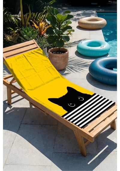 Kedi Temalı Sarı Siyah Çocuk Plaj Havlusu - Çizgili Modern Unisex Hızlı Kuruyan Mikrofiber Havlu Kül Kabuğu