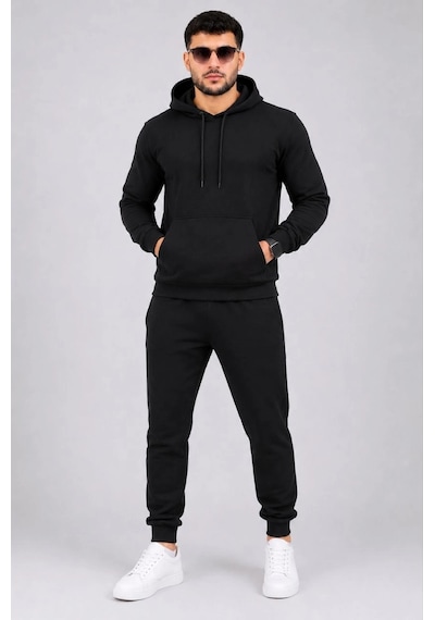 Barlashive Erkek İki İplik Kapüşonlu Kanguru Cepli Sweatshirt Jogger Pantolon Alt Üst Eşofman Takımı -siyah Çok Renkli