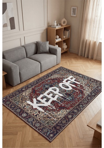 Deira 03 Bordo Vintage Eskitme Keep Off Yazılı Etnik Motifli Renkli İnce Antre Ofis Ev Oda Halısı