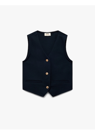 Koton V Yaka Kolsuz Düğmeli Viskon Crop Yelek Lacivert 6wkg60019ak Lacivert
