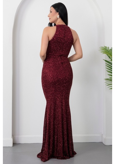 Kalopya Halter Yaka Yırtmaçlı Boncuklu Elbise 41099 Bordo