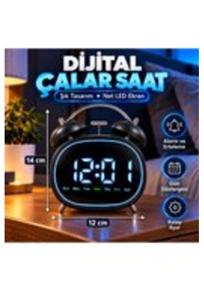 Led Ekranlı Dijital Çalar Saat Alarm Erteleme Gün Göstergeli Şık Tasarım 14x12 Cm Dijital Metal Çalar Saat Pil Siyah