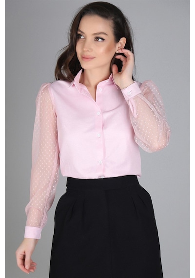 Sweetness Kadın Pudra Pembe Tül Kollu Uzun Kol Gömlek Pembe