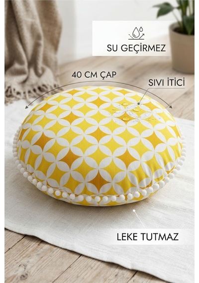 Dekoratif Yuvarlak Minder 40 Cm Sarı Beyaz Ponponlu Kırlent Koltuk Minderi Sıvı İtici Leke Tutmaz Çok Renkli